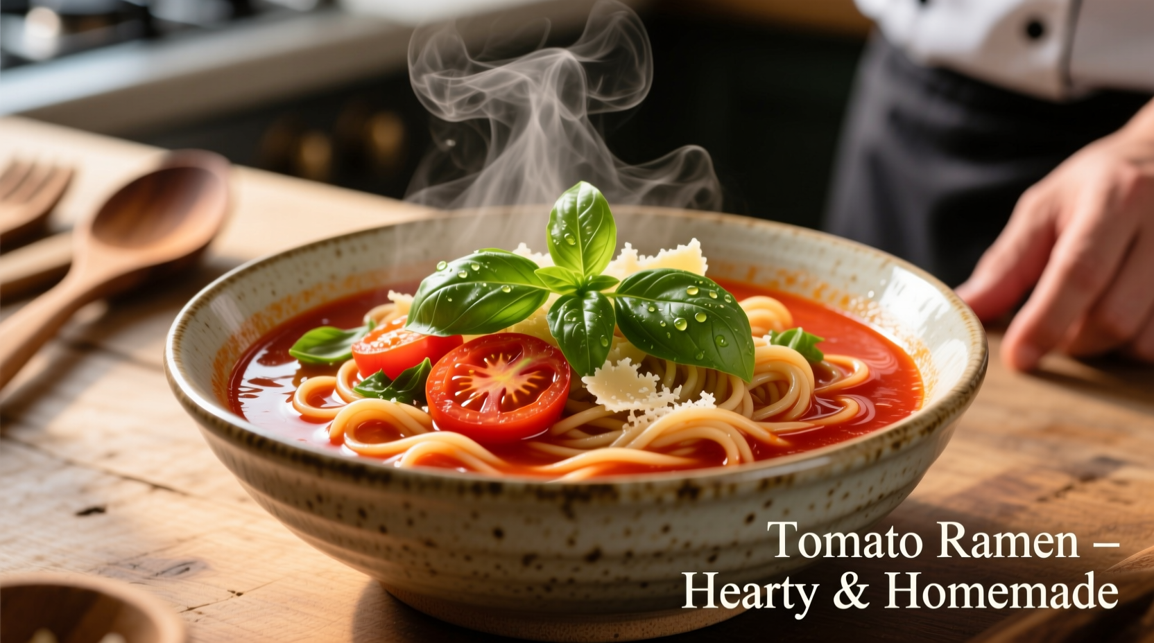 Tomato ramen in ceramic bowl with fresh basil garnish