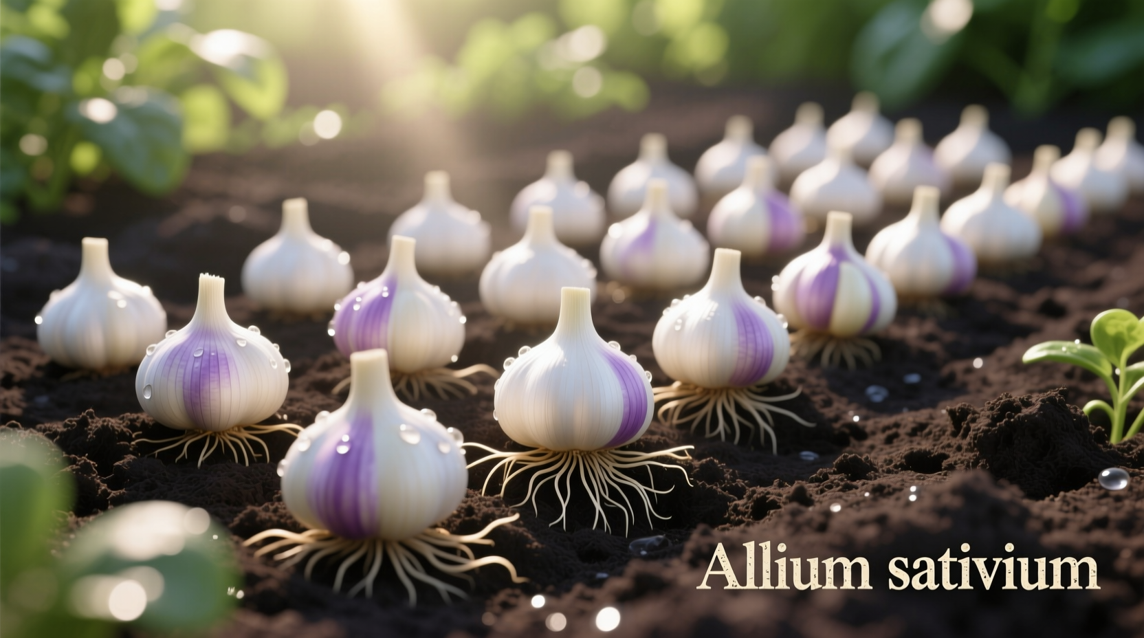 Garlic cloves properly spaced in garden soil