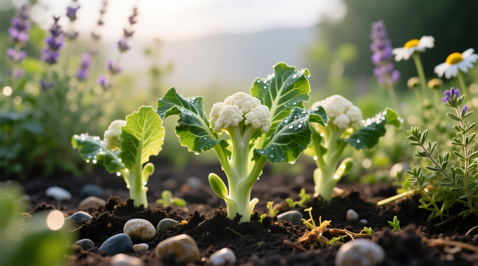 Healthy cauliflower seedlings in garden bed