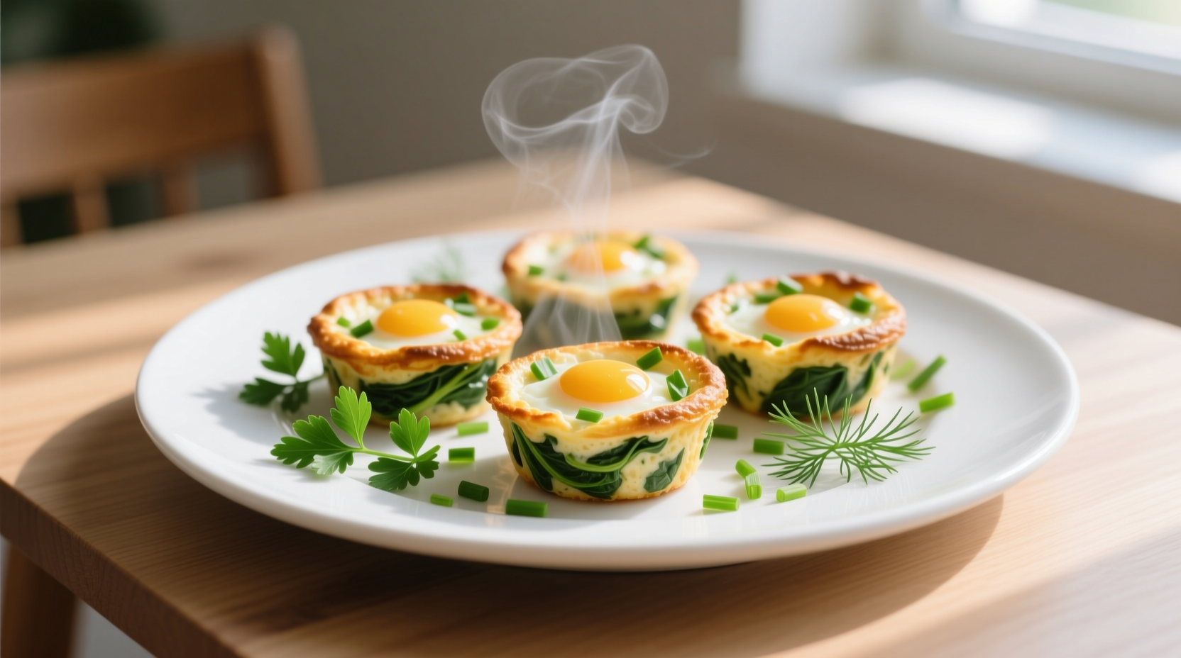 Fresh spinach egg bites on white plate with herbs