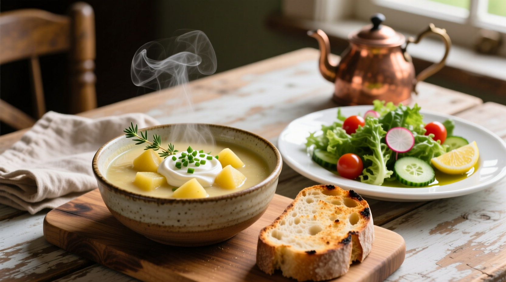 Potato soup with crusty bread and green salad