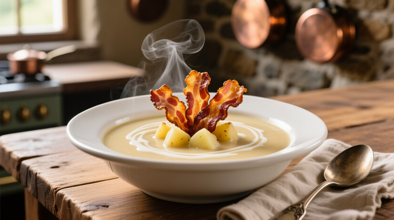 Creamy potato soup in white bowl with bacon garnish