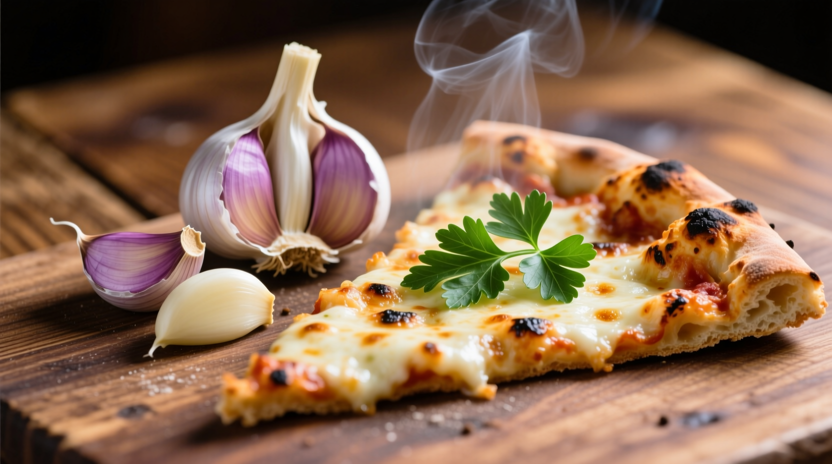 Fresh garlic cloves next to pizza slice with parsley garnish