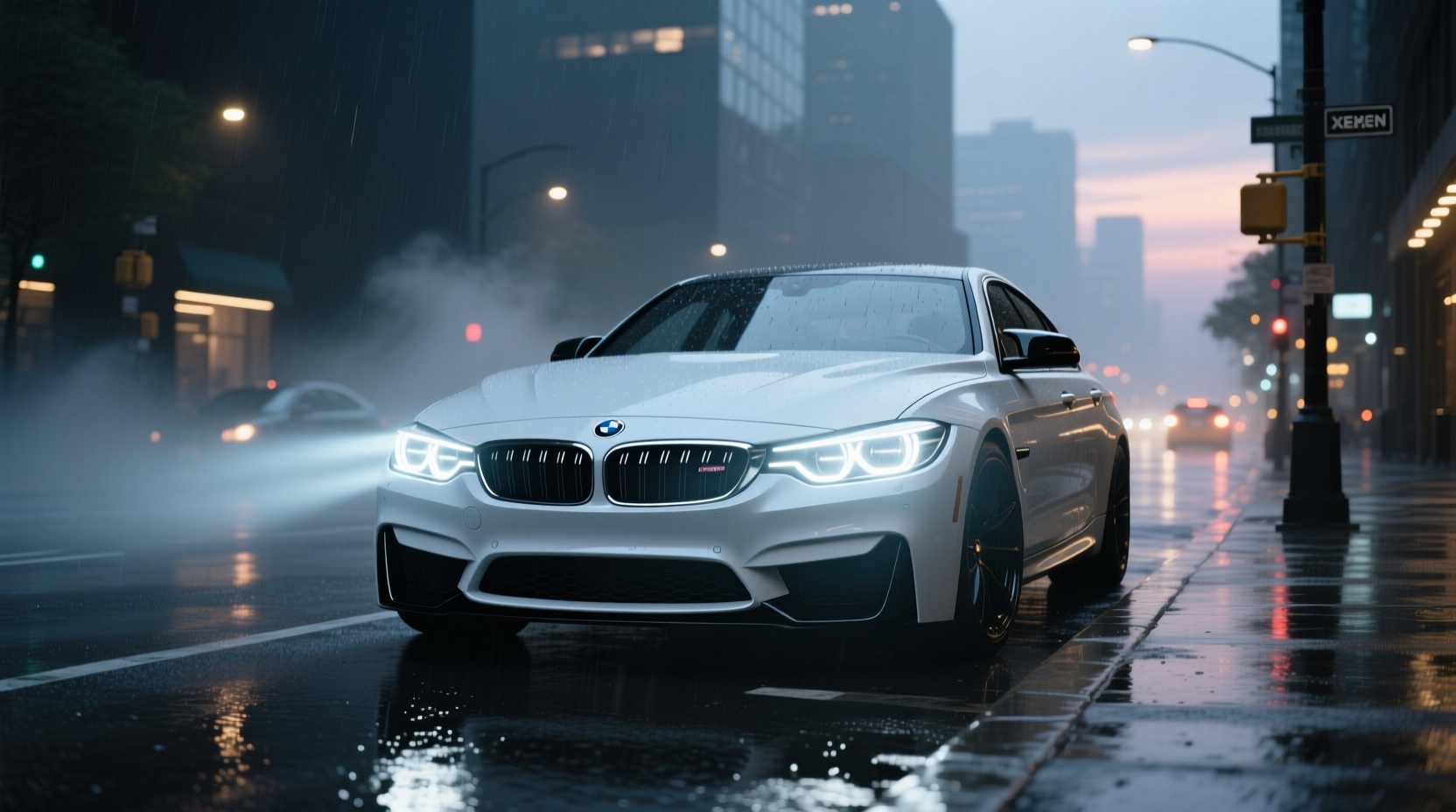 Xenon headlights for car showing bright white beam pattern