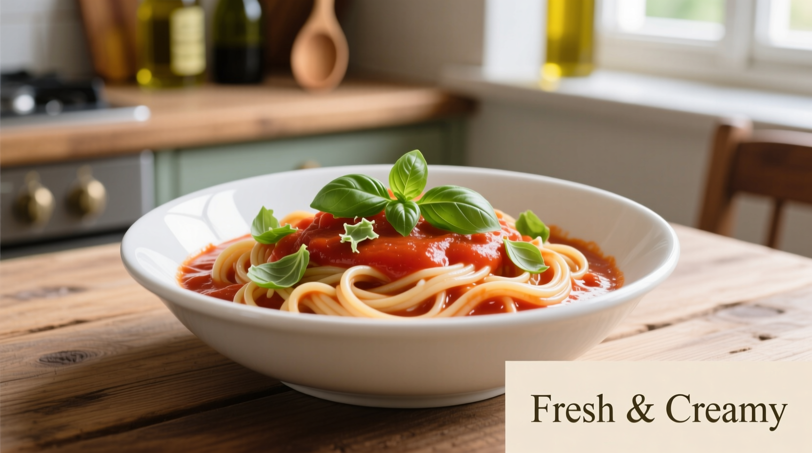 Tomaten-Sahne-Sauce in weißer Schüssel mit Basilikum