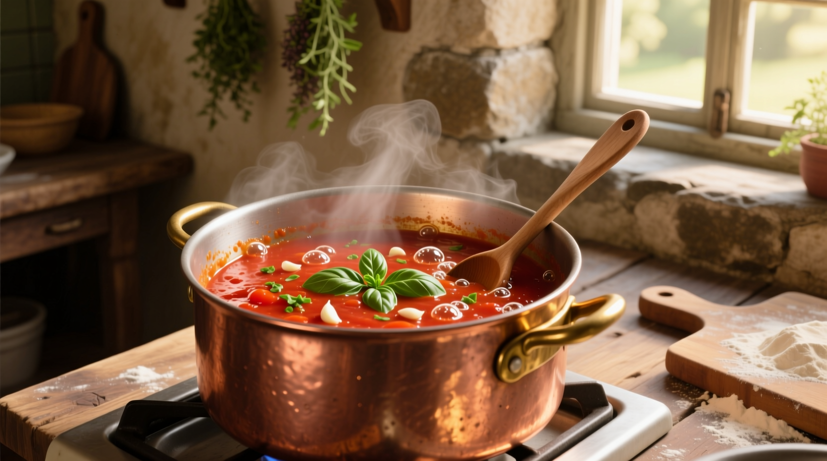 Homemade gluten-free tomato sauce simmering in copper pot