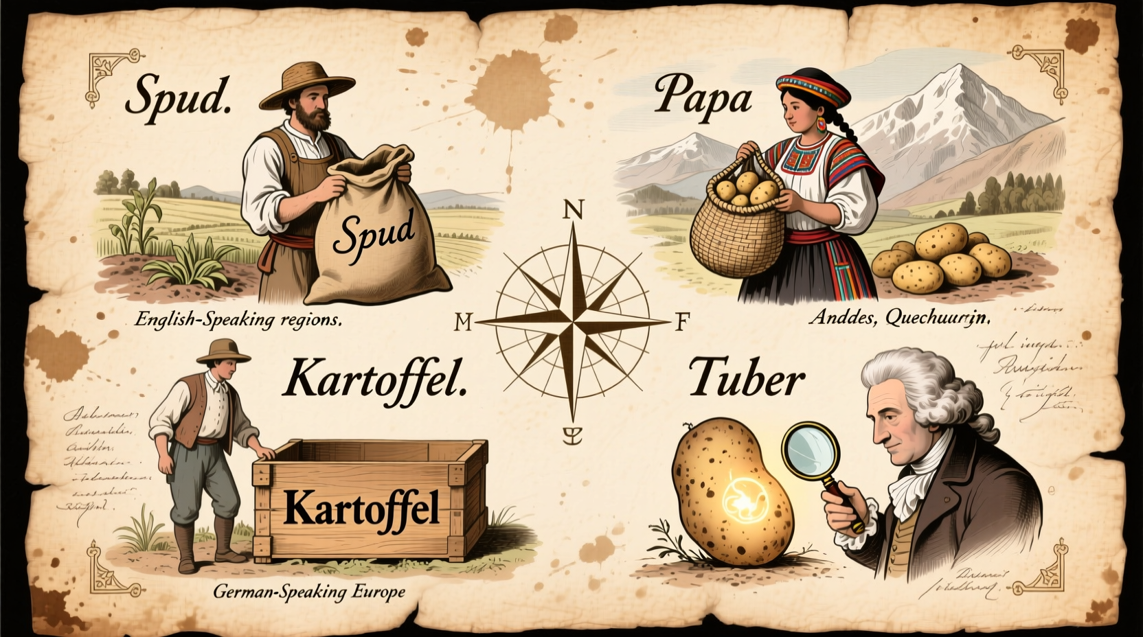 Historical illustration of potato nicknames across cultures