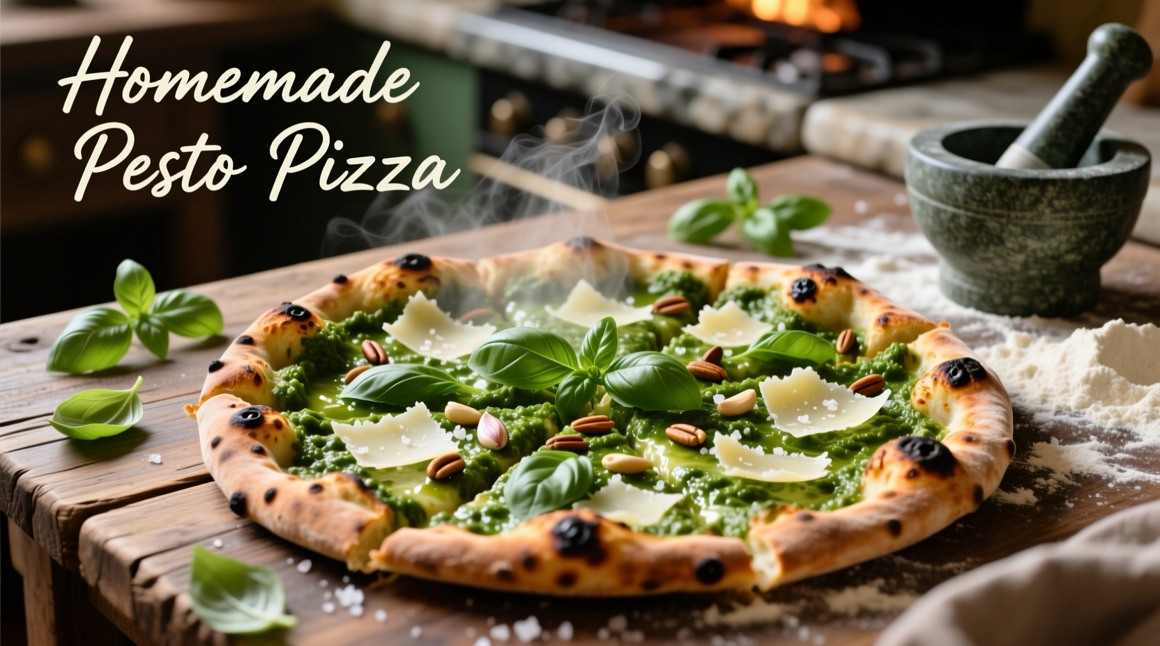 Homemade pesto pizza with fresh basil