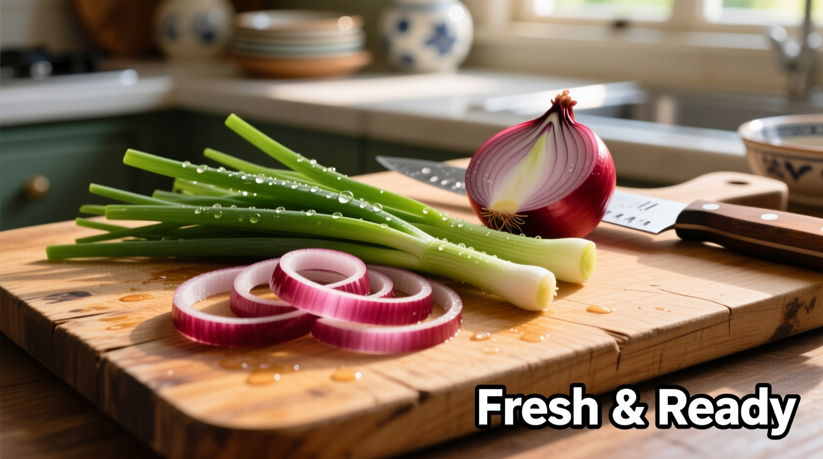 Fresh chives and red onions on wooden cutting board