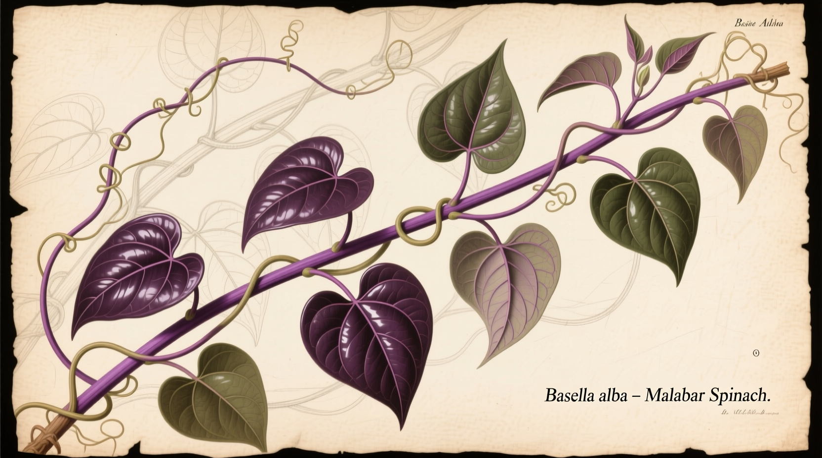 Malabar spinach vine with purple stems and heart-shaped leaves