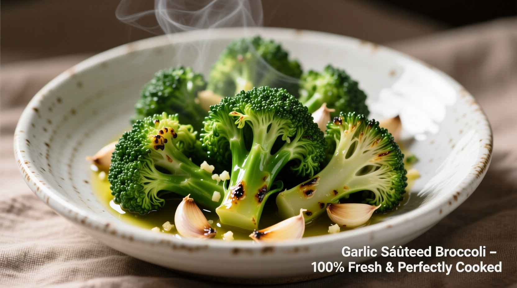 Perfectly cooked garlic broccoli with vibrant green florets