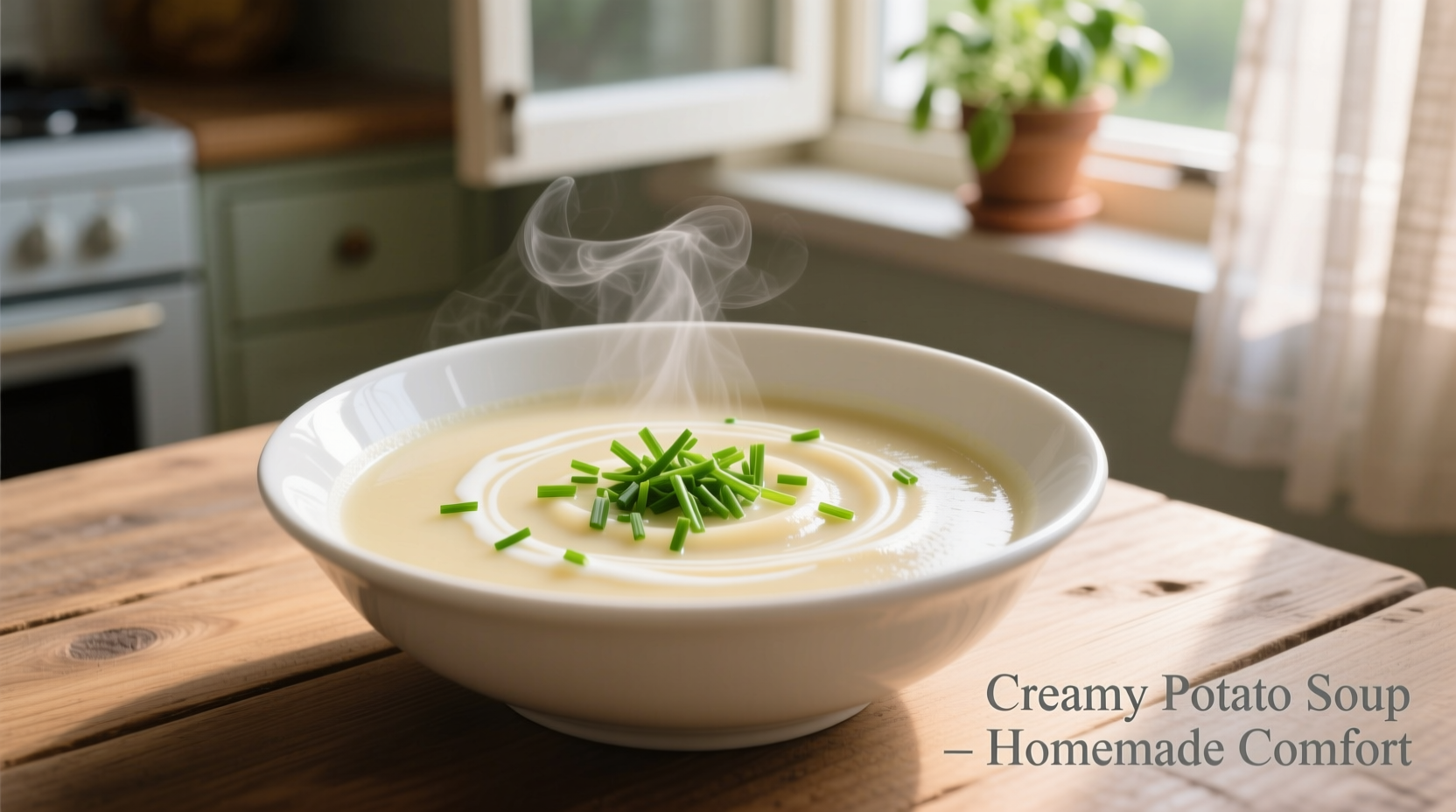 Creamy potato soup in white bowl with chives