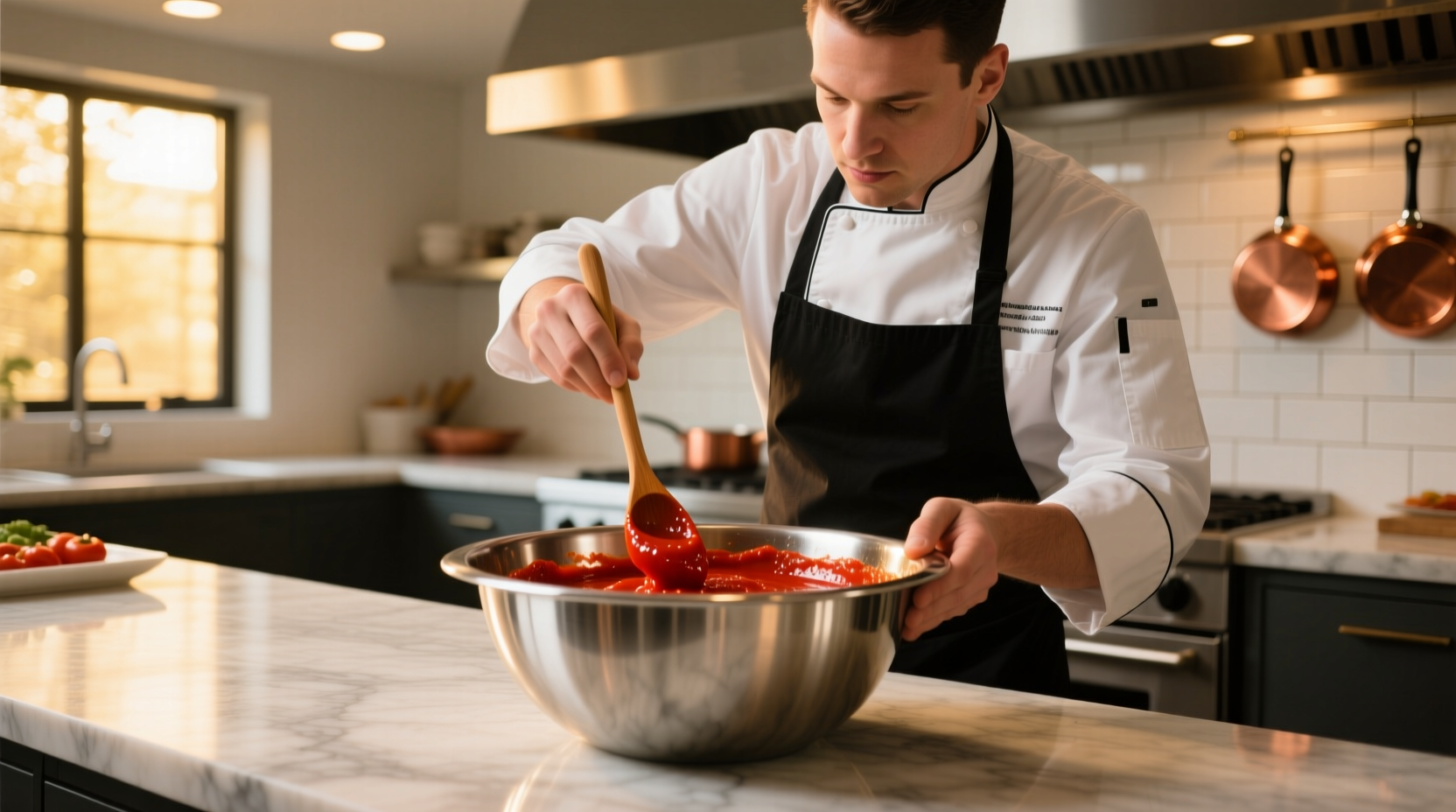 Chef adjusting tomato paste mixture in stainless steel bowl