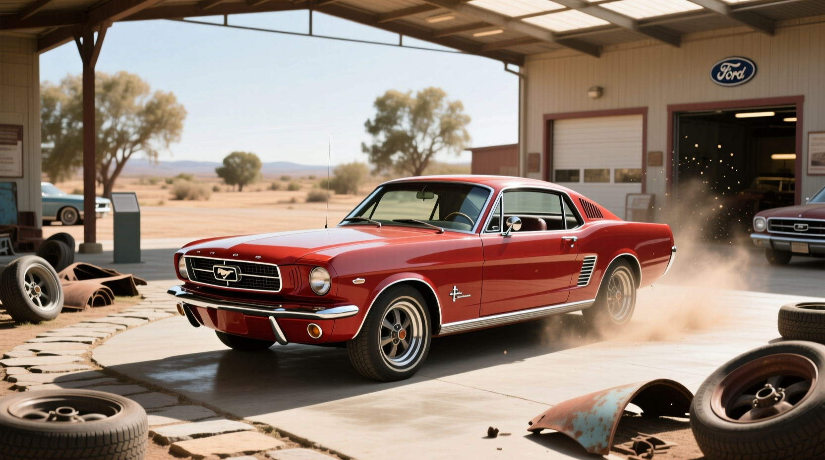 Side profile of a 1965 Mustang Fastback emphasizing its long hood and short deck proportions