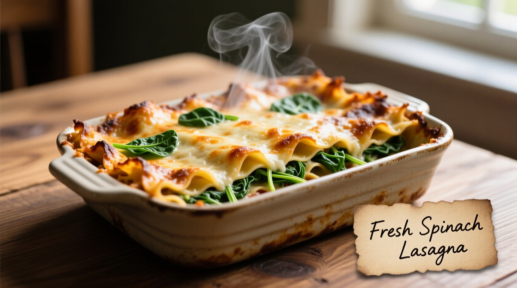 Fresh spinach lasagna baking in ceramic dish