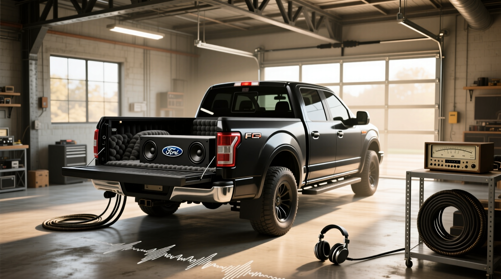 Side view of a 1995 Ford F150 showing interior dimensions relevant to subwoofer placement