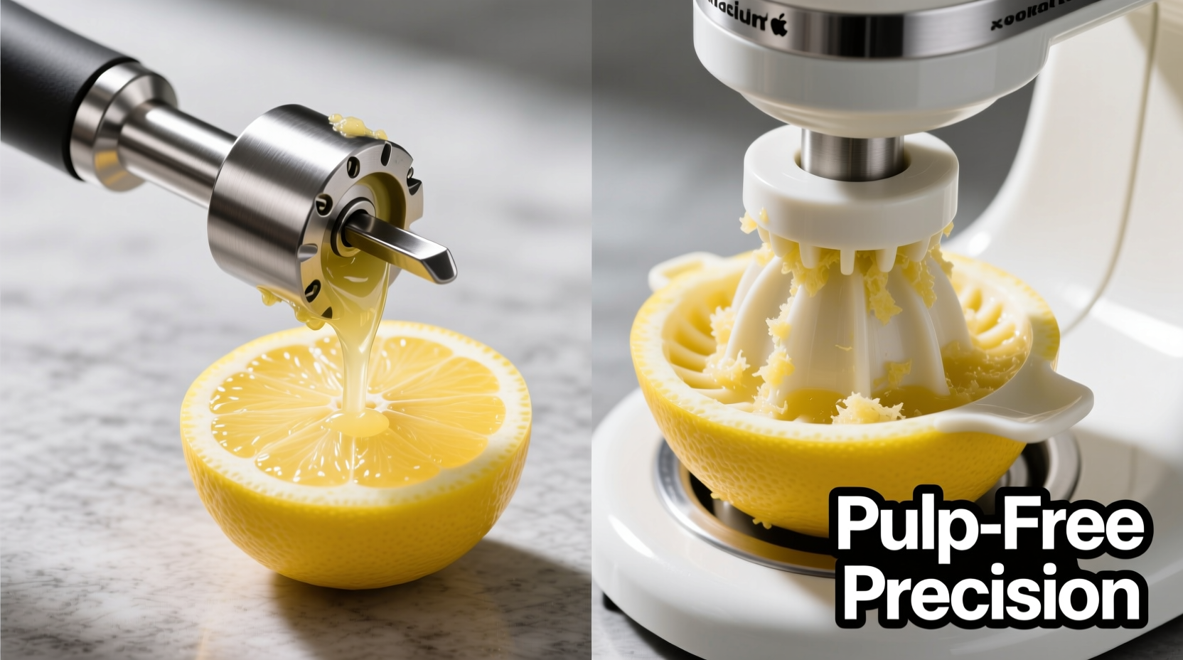 Side-by-side photo: stainless steel handheld reamer pressing into a halved lemon versus a plastic stand mixer citrus attachment clamped onto a lemon half, both mid-juice extraction — highlighting visible pulp separation and absence of pith shreds in the reamer’s output