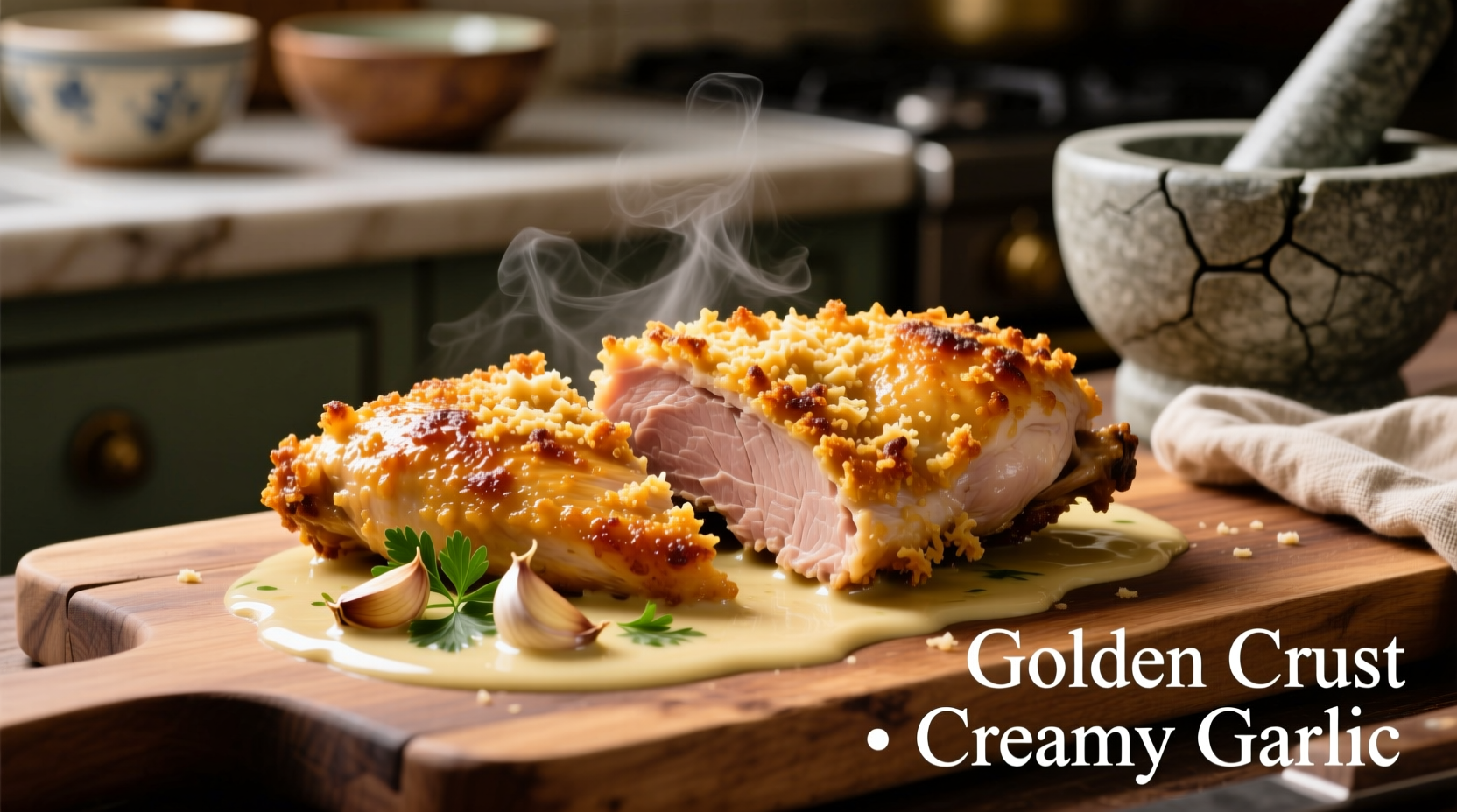 Golden parmesan crusted chicken with creamy garlic sauce