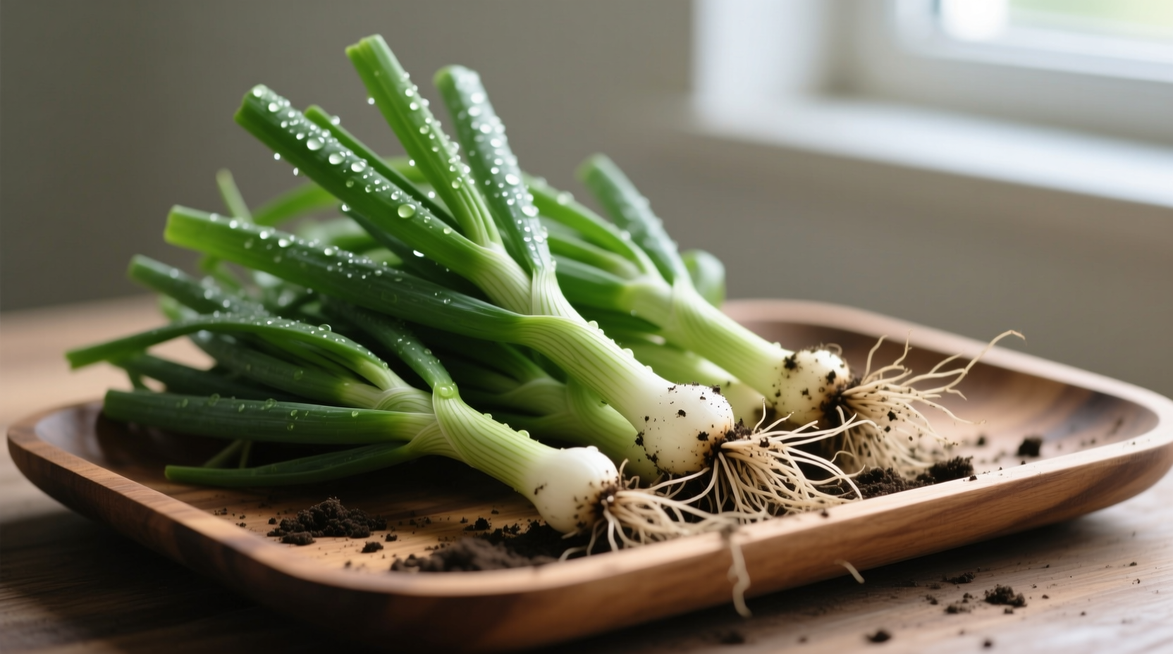 Freshly harvested spring onions with green tops
