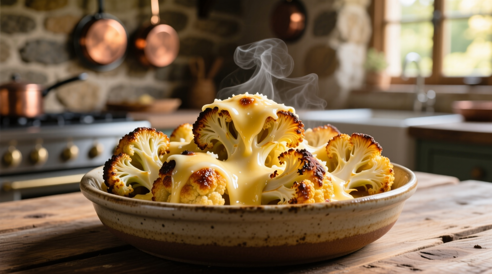 Golden roasted cauliflower florets with melted parmesan