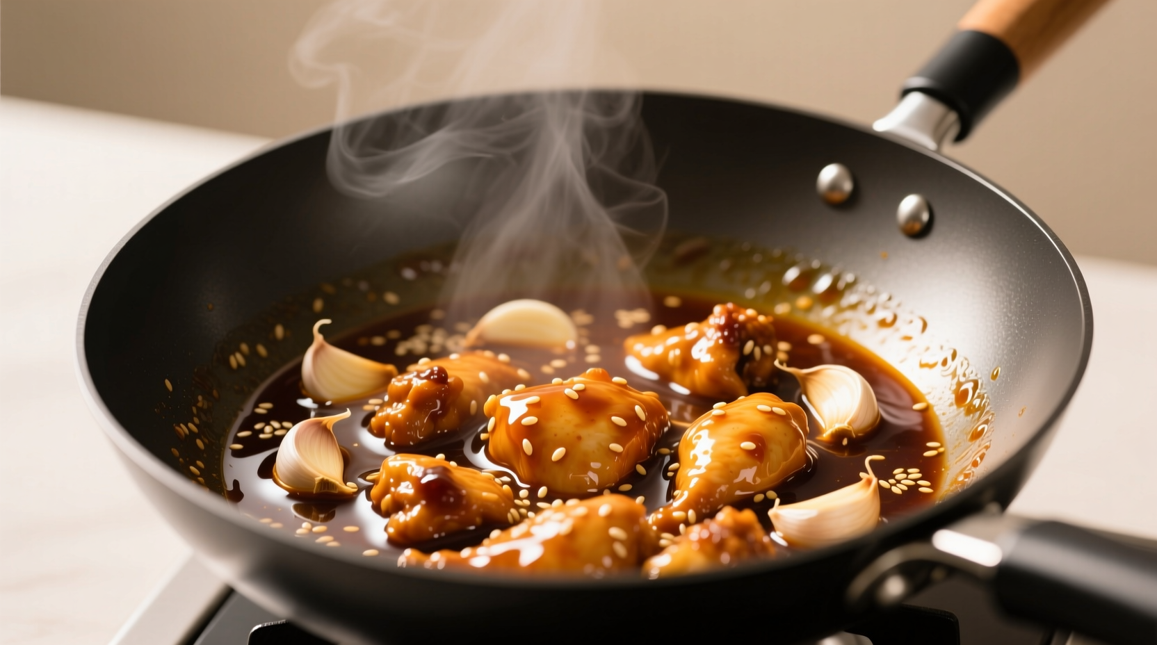 Step showing sauce reduction in wok, with garlic slices visible