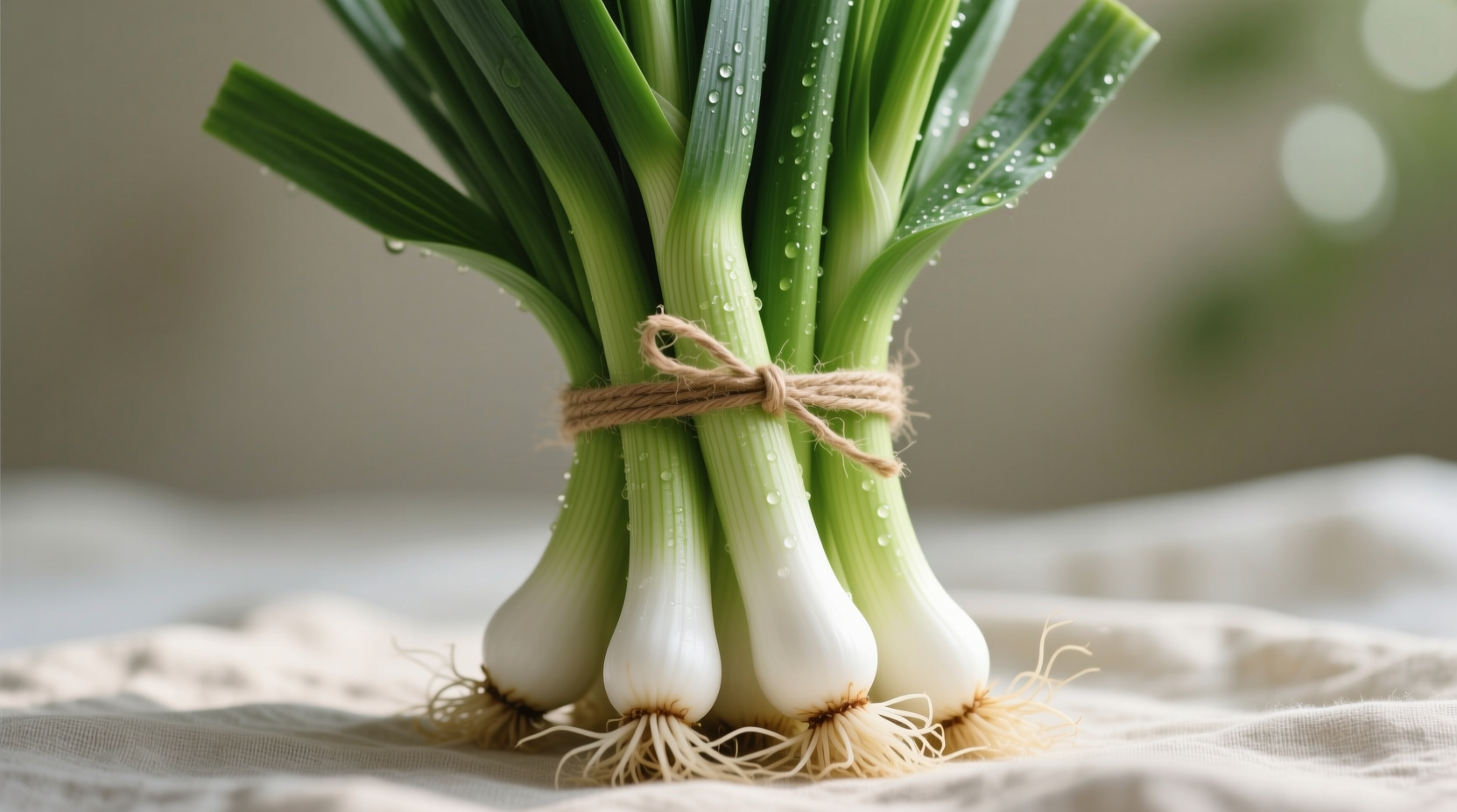 Fresh Chinese leek bunch with white roots and green stems