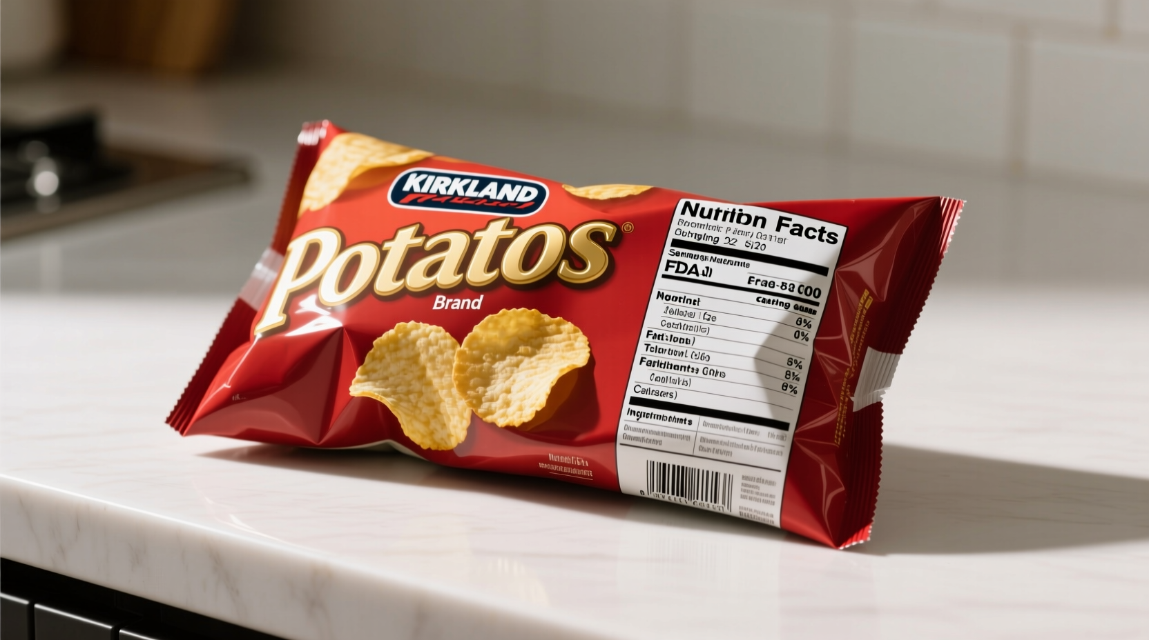Kirkland potato chips bag next to nutrition facts