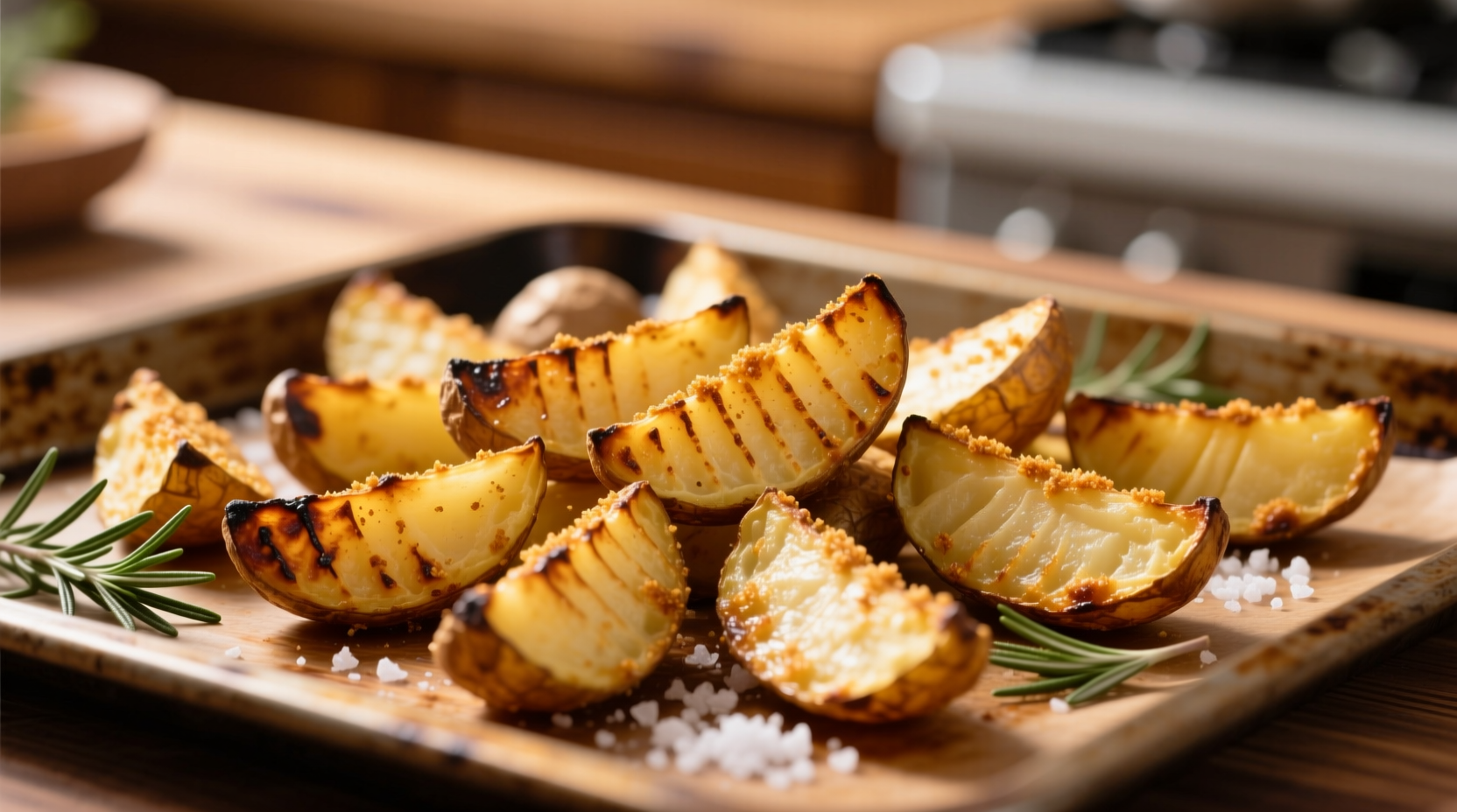 Golden crispy baked potato wedges on baking sheet