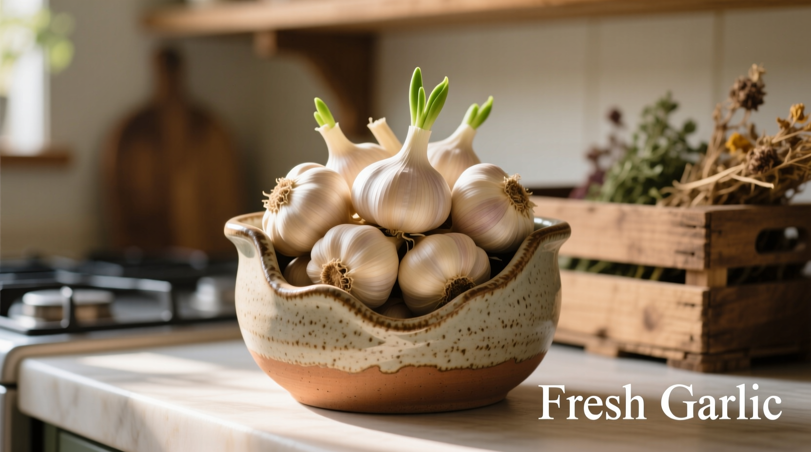Ceramic garlic storage container with fresh bulbs