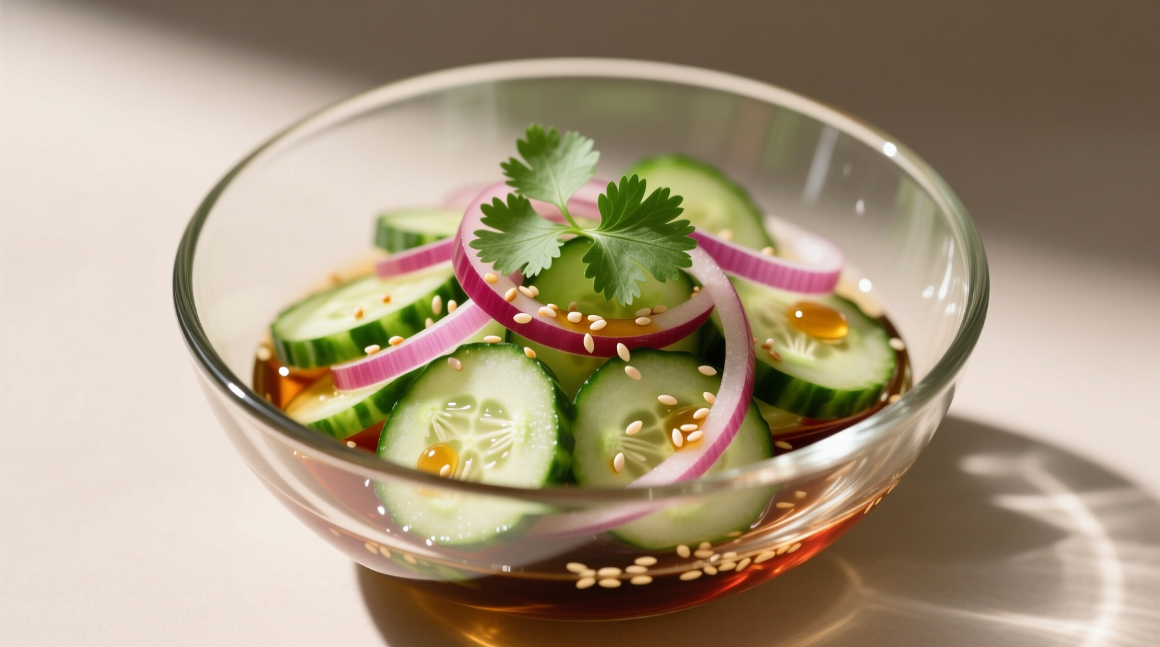 Crisp cucumber and onion vinegar salad in glass bowl