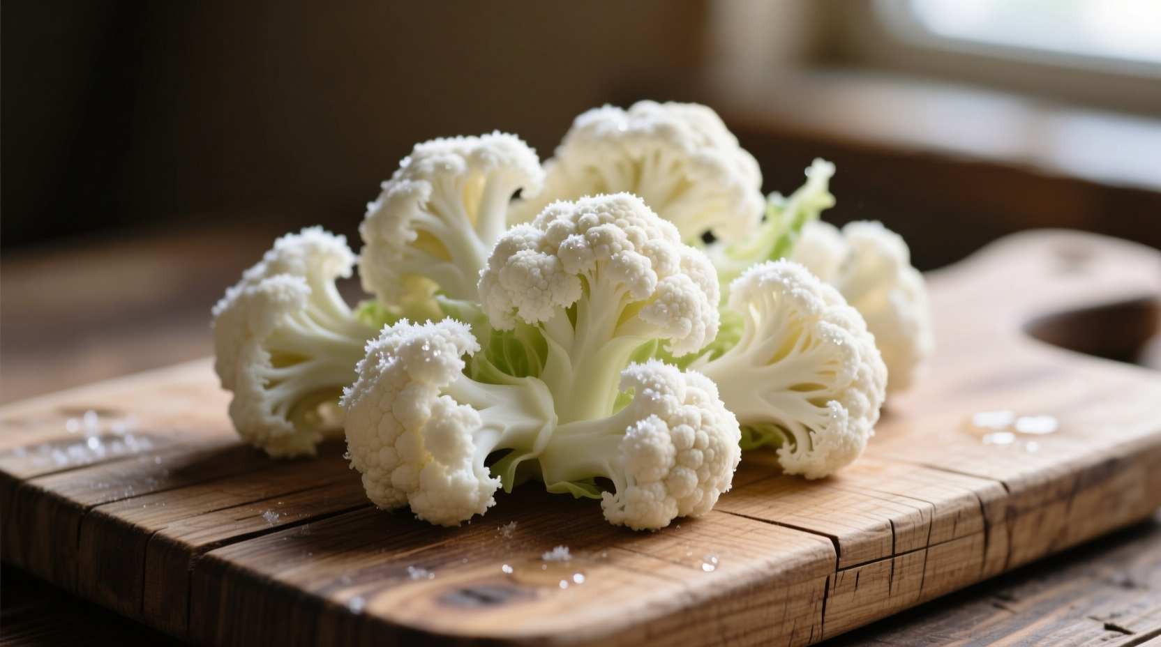 Fresh cauliflower florets on wooden cutting board
