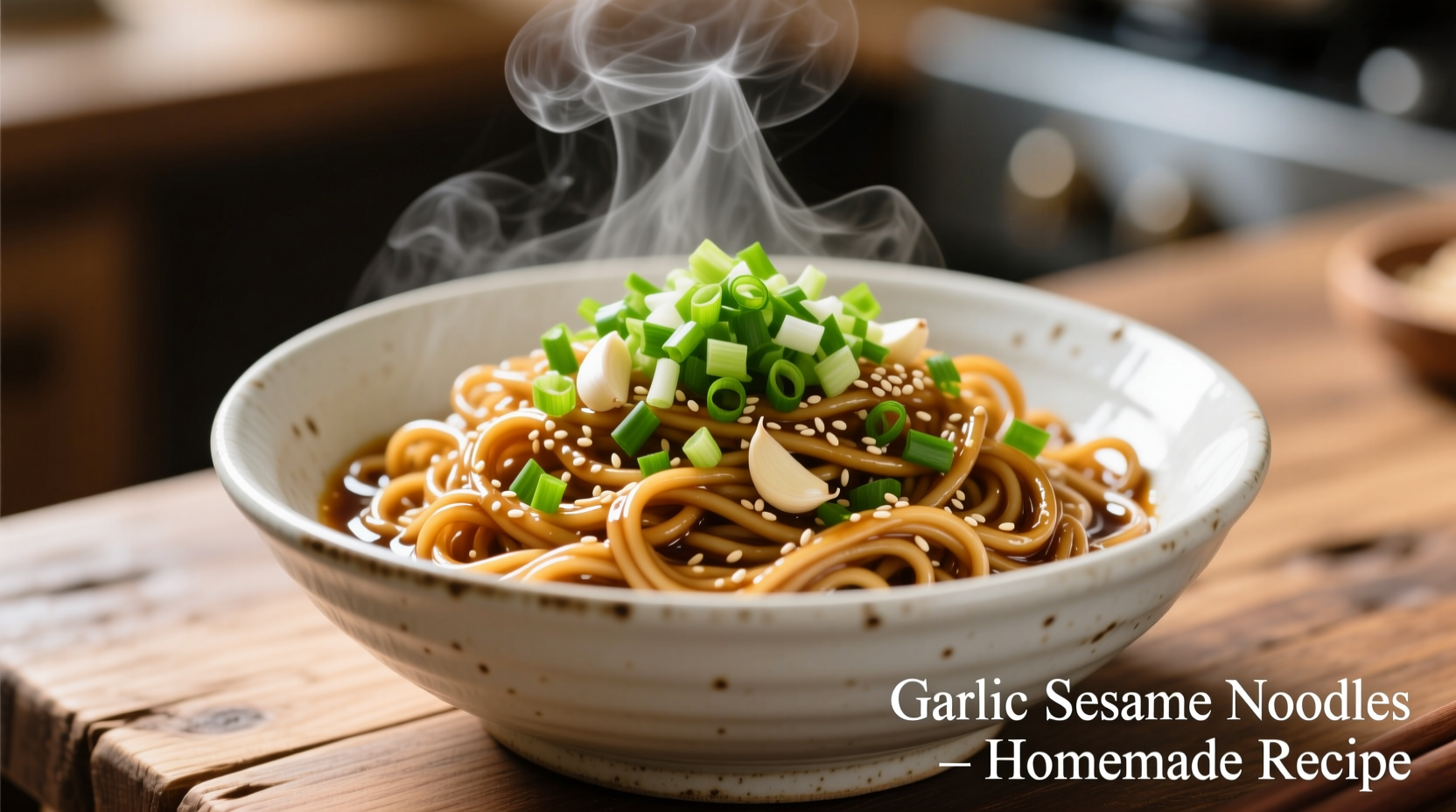 Steaming bowl of garlic sesame noodles with scallion garnish