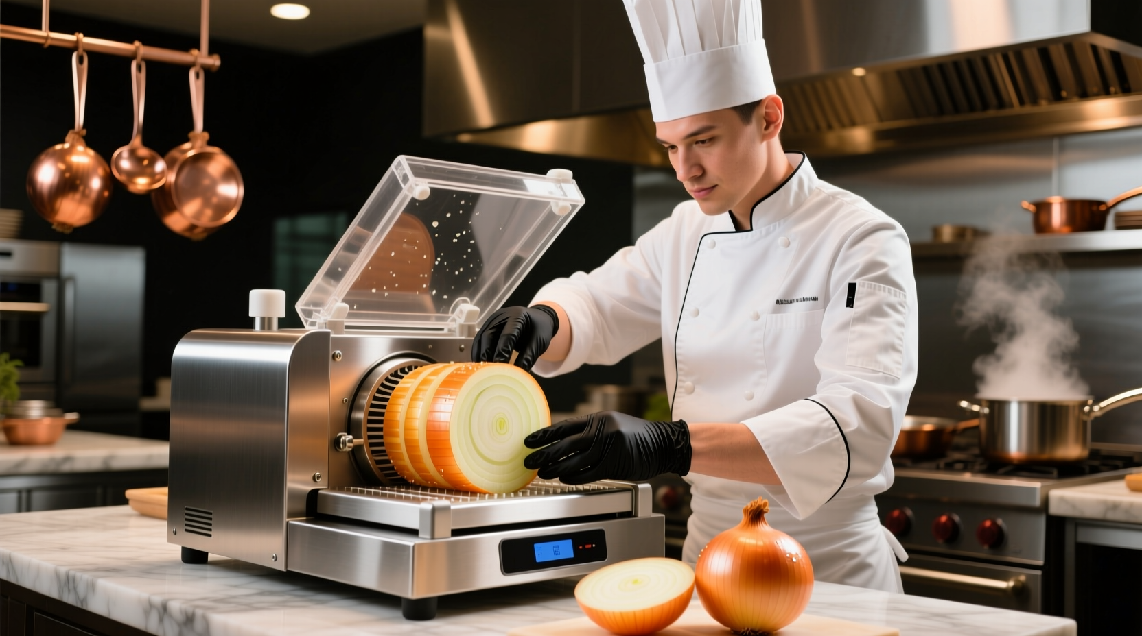 Professional chef using electric onion cutting machine