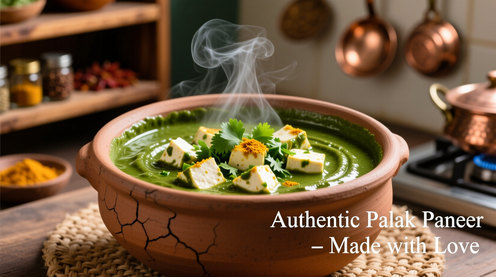 Creamy Indian spinach curry in traditional clay pot