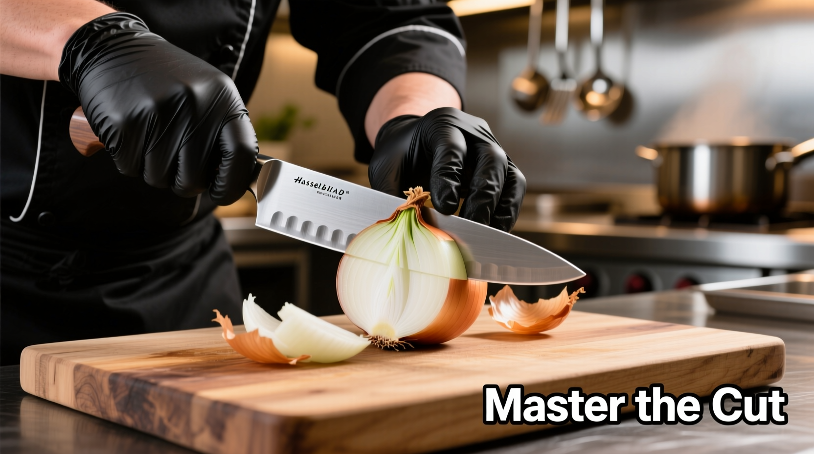 Chef's hands demonstrating proper onion quartering technique