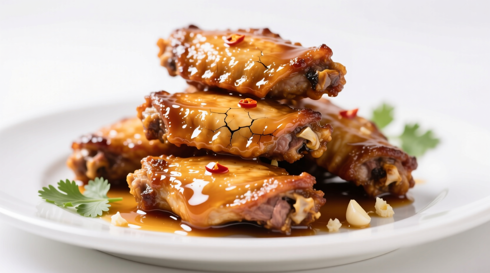 Crispy honey garlic buffalo wings on white plate