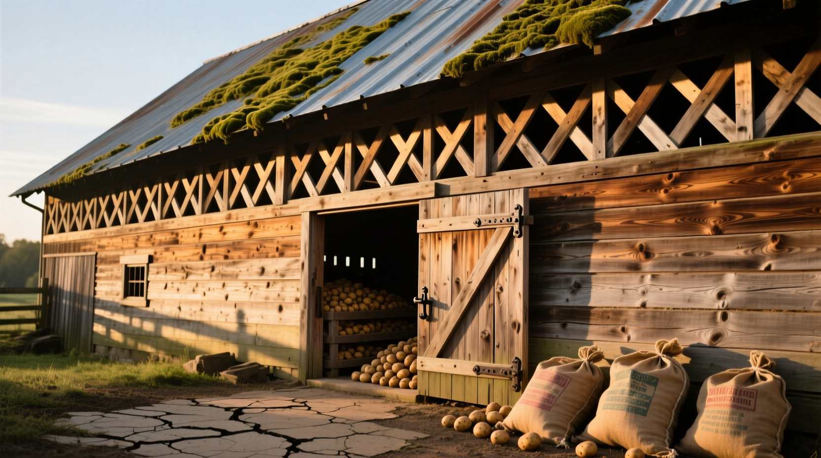 Historical potato barn with wooden slat design for ventilation