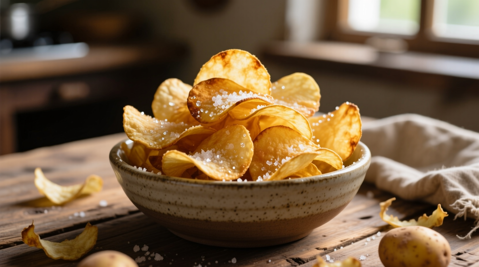 Freshly made golden homemade potato chips in bowl