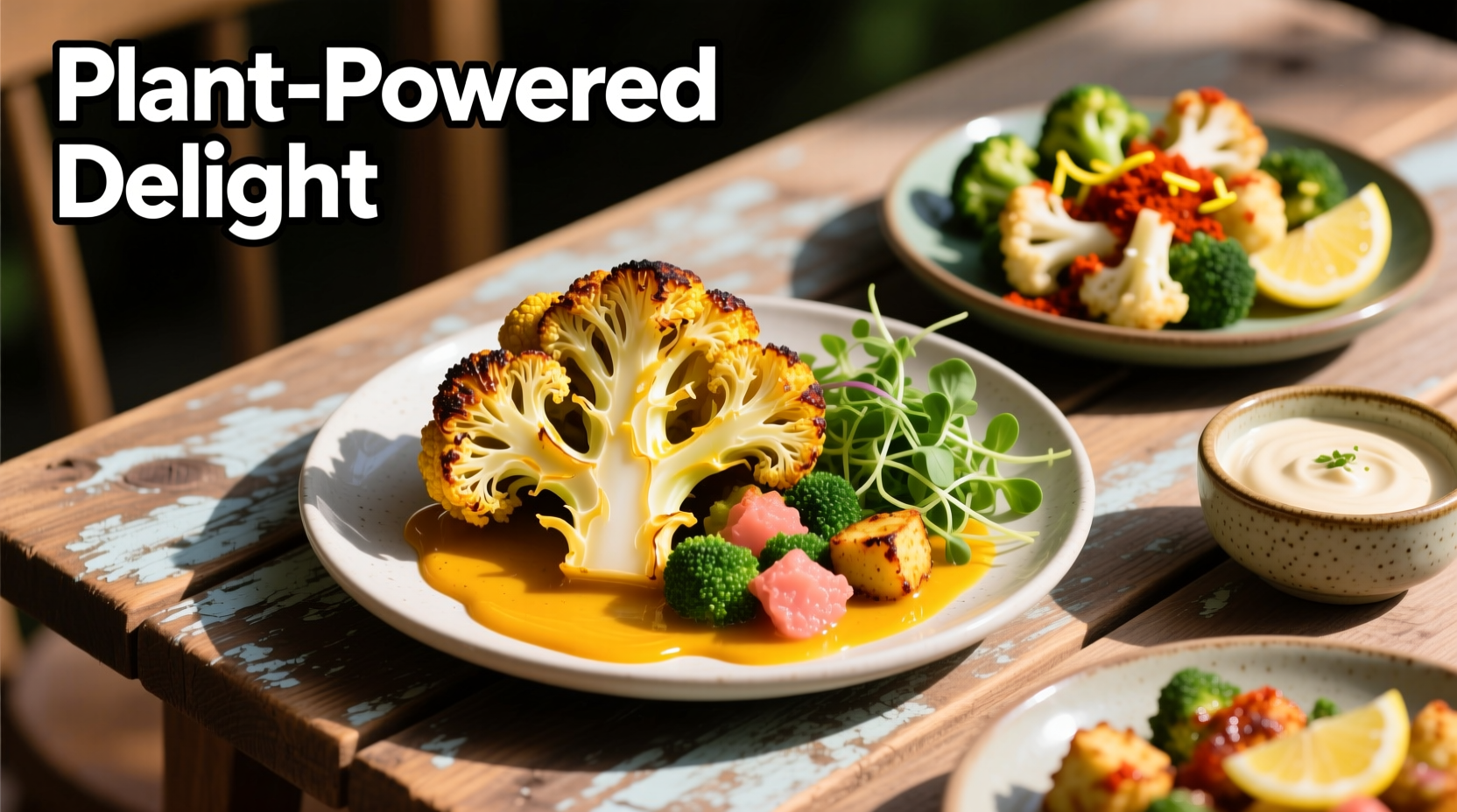 Colorful vegan cauliflower dishes on wooden table