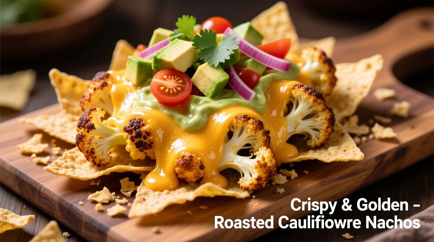 Golden roasted cauliflower nachos with melted cheese and fresh toppings