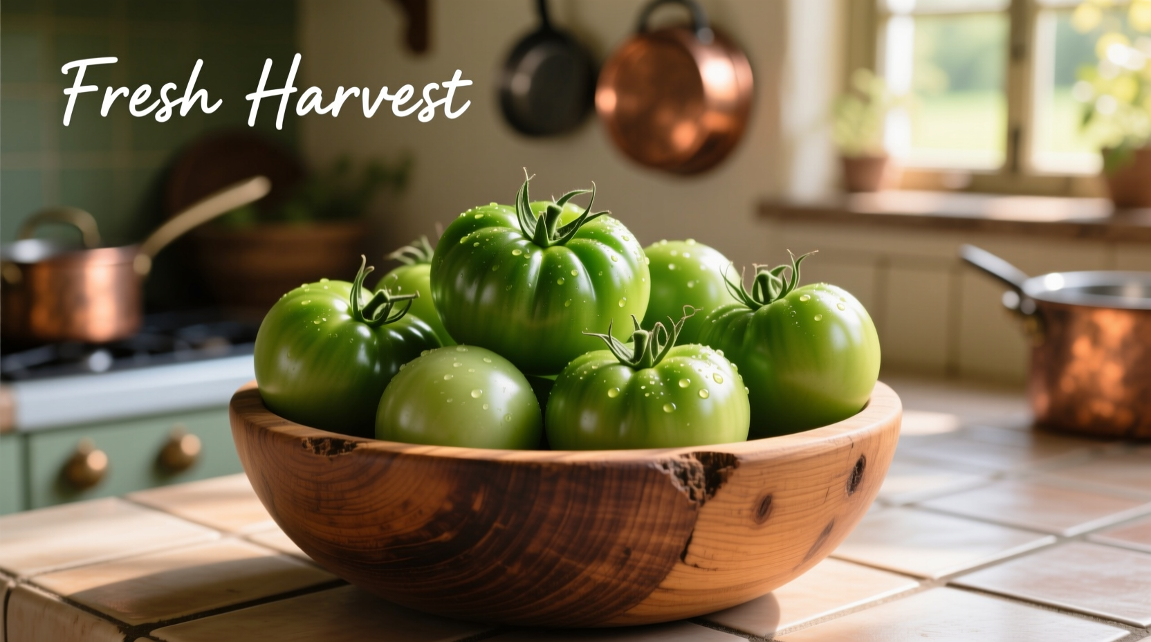 Fresh green tomatoes in wooden bowl