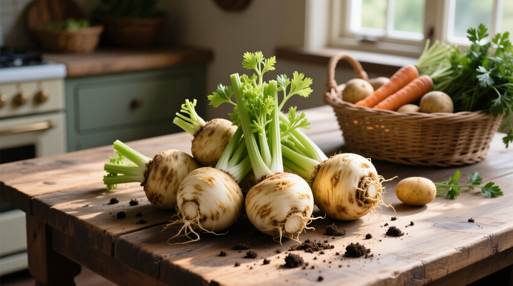 Fresh celery root selection on wooden table
