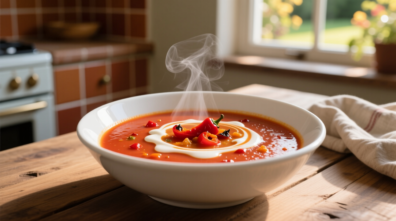 Creamy tomato red pepper soup in white bowl