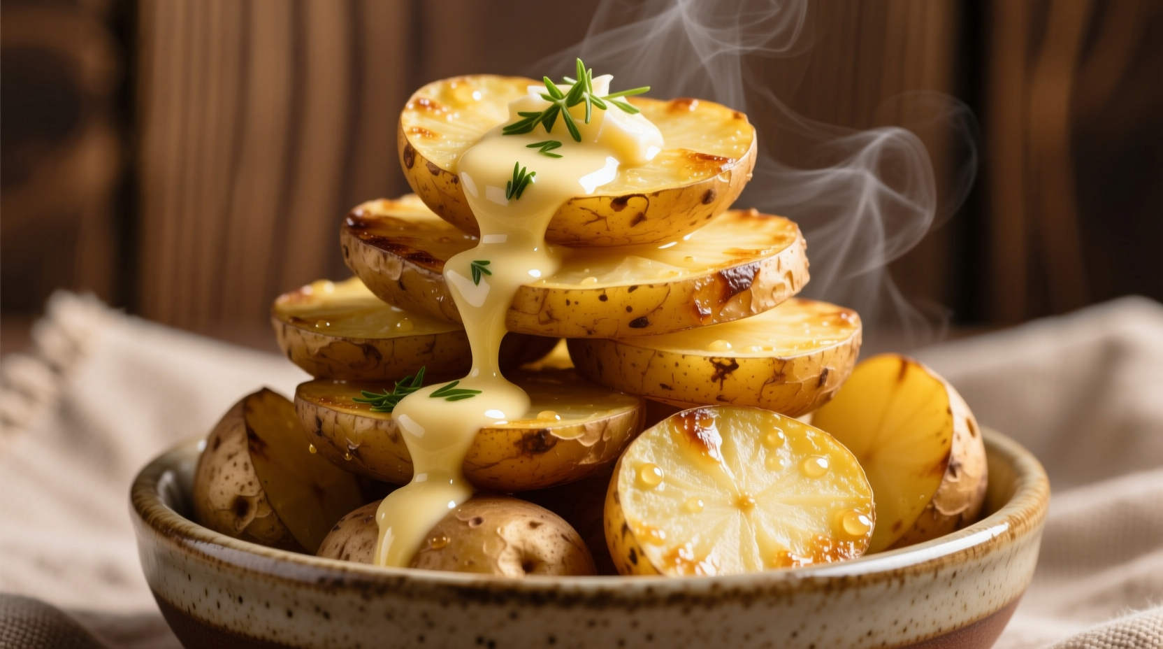 Golden potato stacks with melted garlic herb butter drizzle