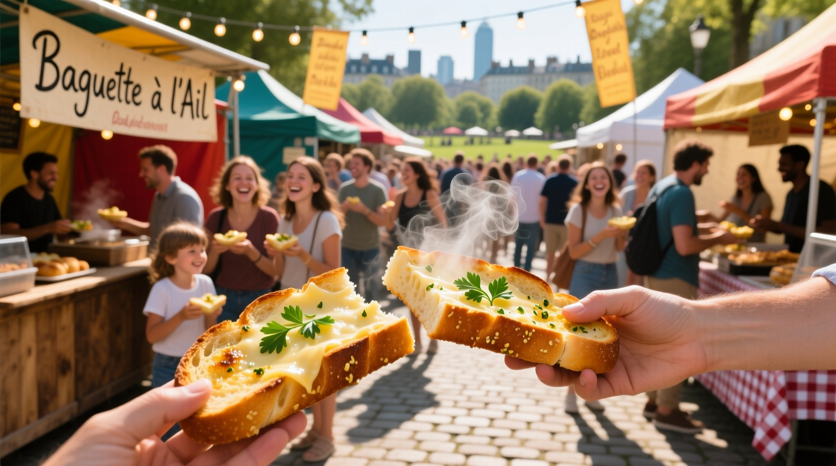 Crowd enjoying garlic bread at outdoor food festival