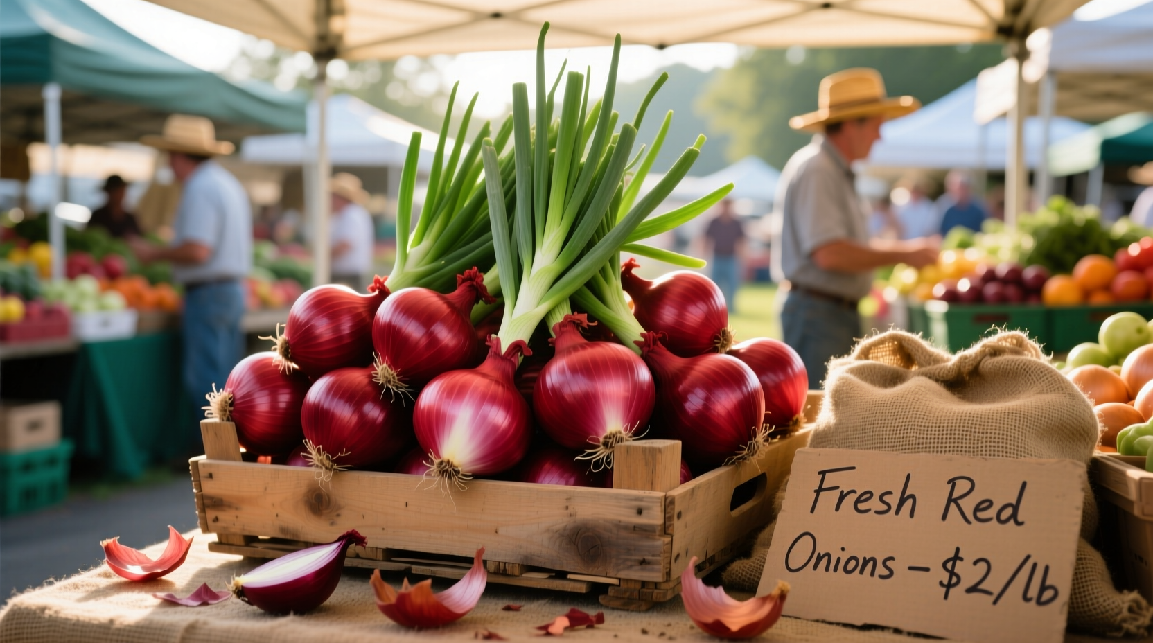Fresh red onions at Saugerties farmers market display