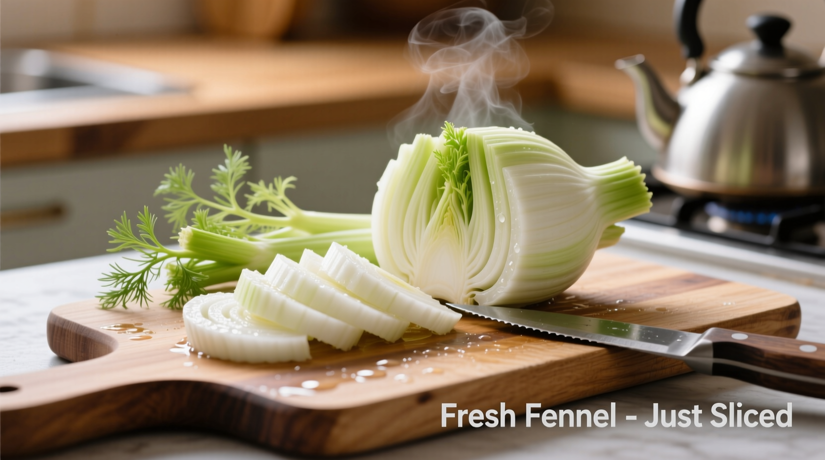Fresh fennel bulbs sliced on cutting board