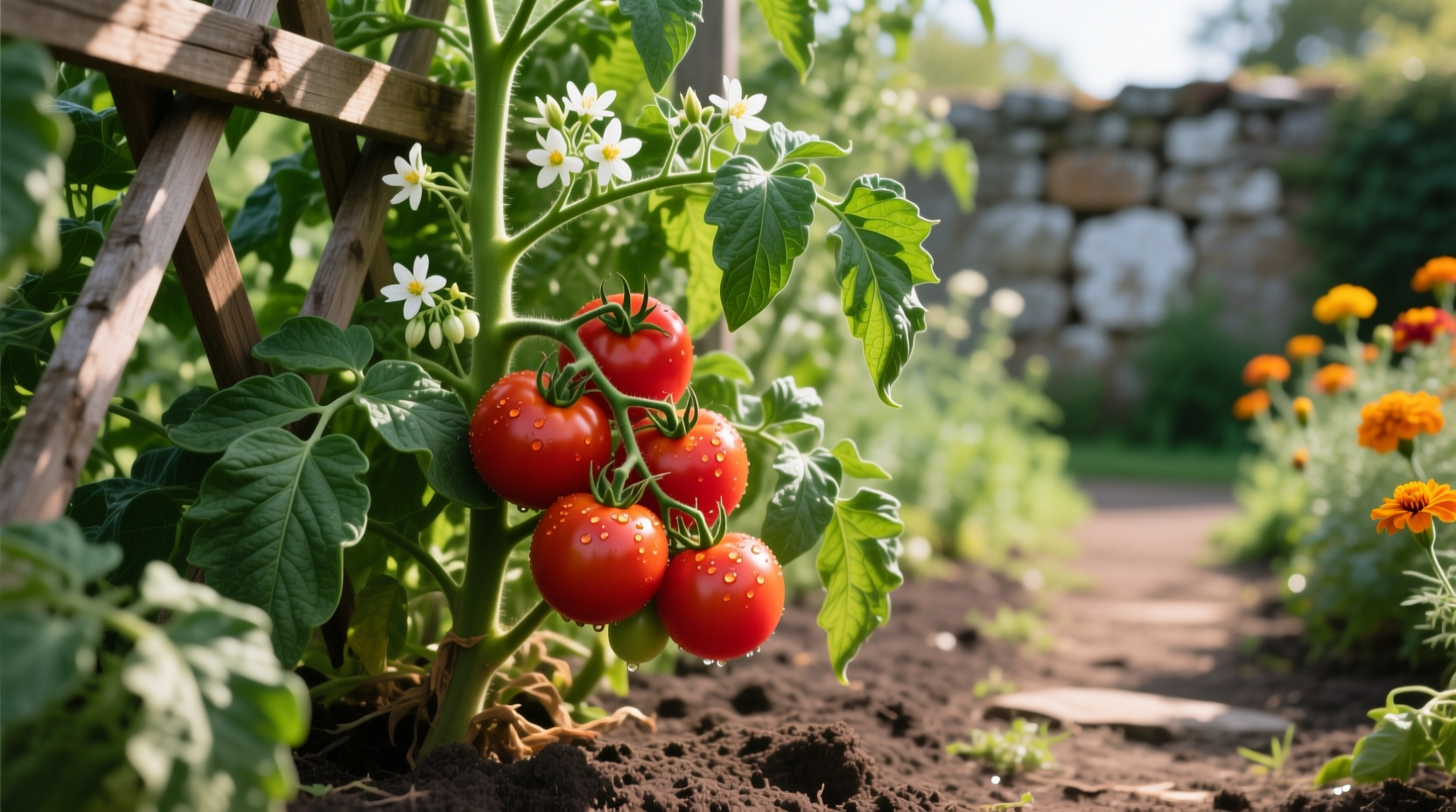 Healthy tomato plant with ripe fruit in garden