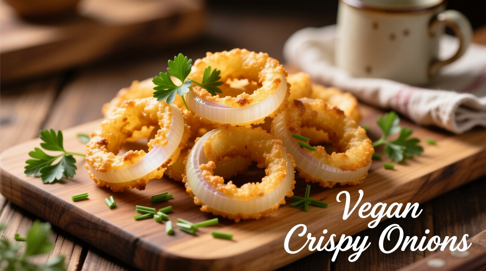 Golden vegan onion rings on wooden board