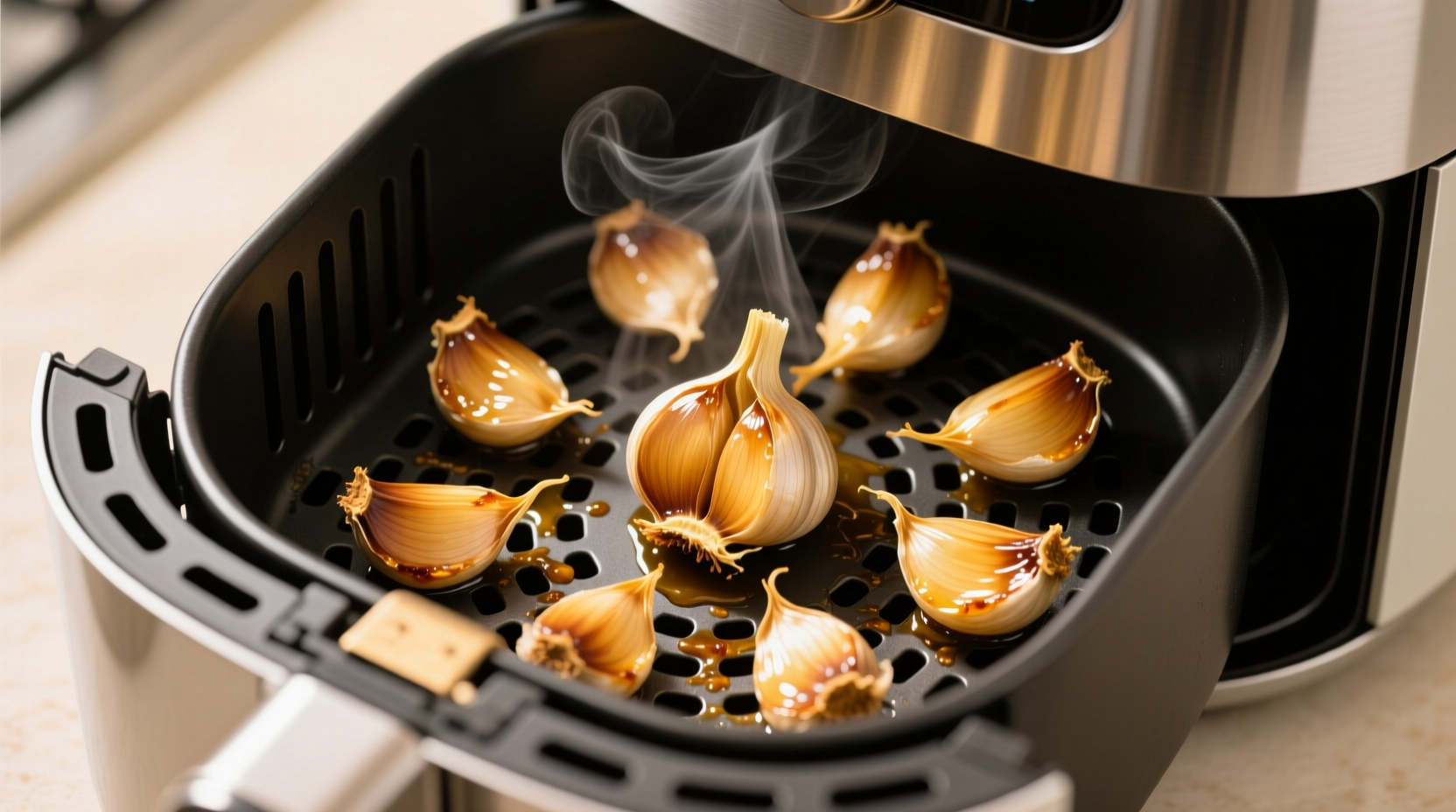 Golden roasted garlic cloves in air fryer basket